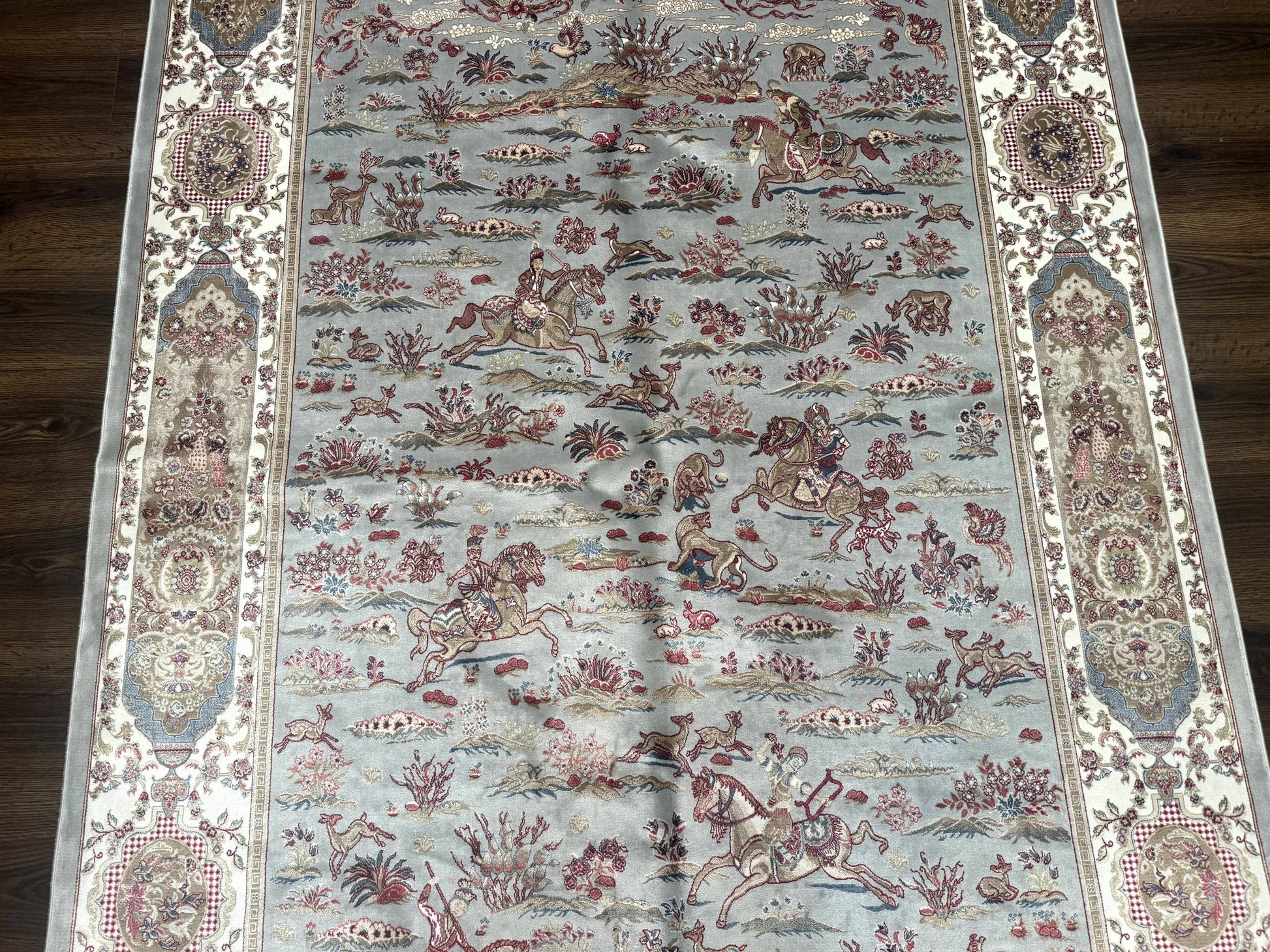 Turkish Silk Rug 5x7, Hunting Design, Animal Pictorials, Bamboo Silk - Nuvé
