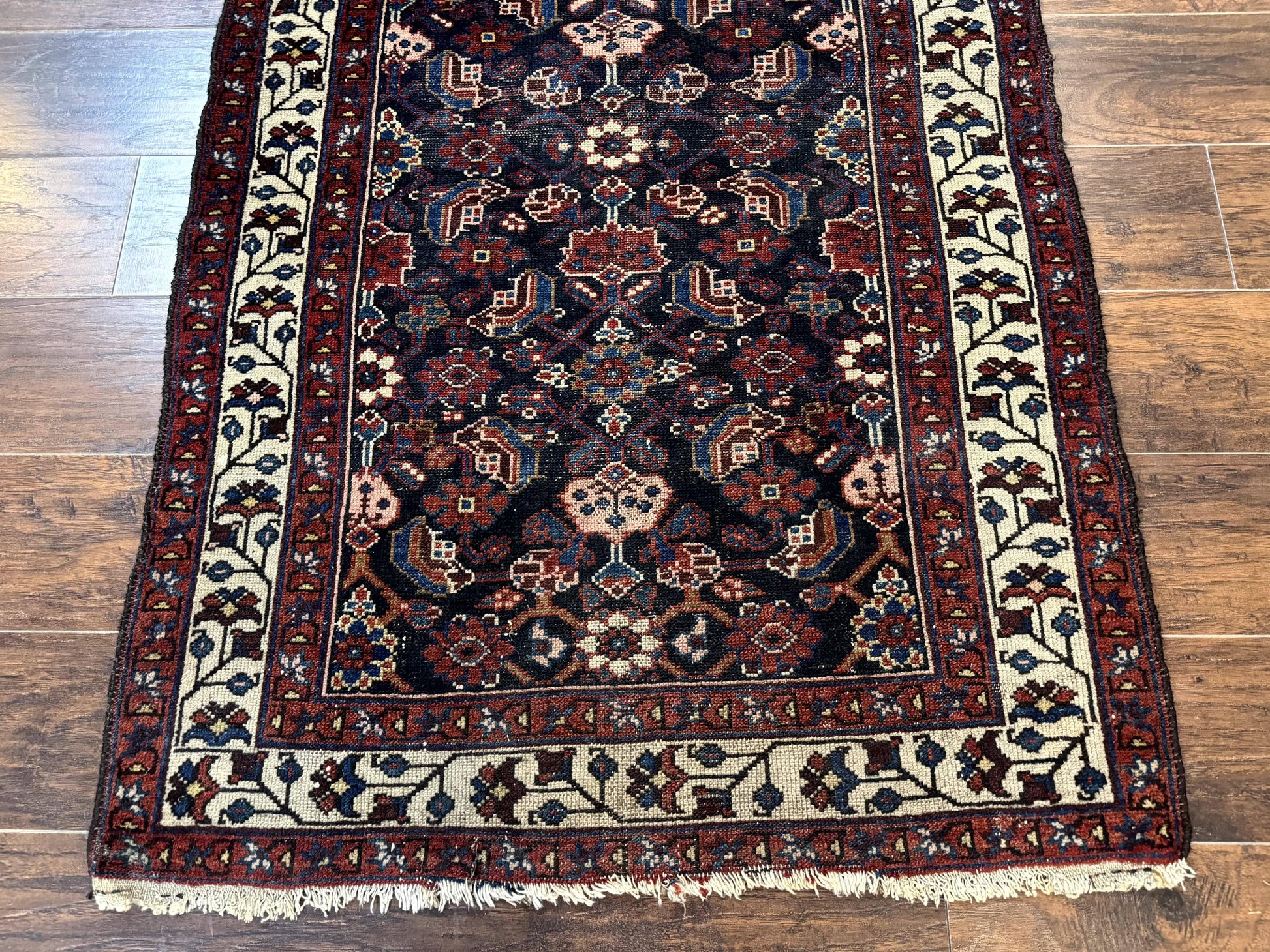 Navy Blue Antique Persian Rug 3x6, Blue and Ivory Persian Carpet, Handmade 1920s Hamadan Rug - Nuvé
