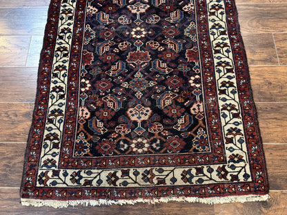 Navy Blue Antique Persian Rug 3x6, Blue and Ivory Persian Carpet, Handmade 1920s Hamadan Rug - Nuvé