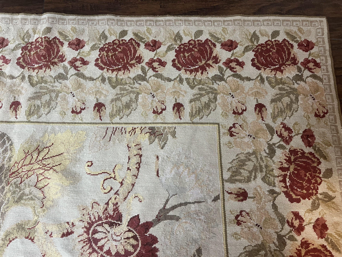 Extra Large Needlepoint Rug 14 x 20, Vintage Handwoven Handmade Wool Flatweave Carpet, Allover Floral Pattern, Elegant European Deisgn Rug - Nuvé