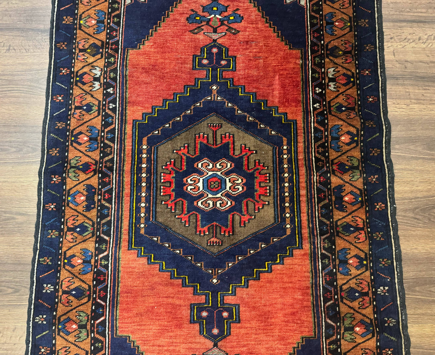 Persian Rug 3x6, Geometric Medallion, Village Tribal Rug, Terracotta and Navy Blue, Antique Nahavand Hamadan Rug - Nuvé