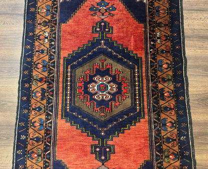 Persian Rug 3x6, Geometric Medallion, Village Tribal Rug, Terracotta and Navy Blue, Antique Nahavand Hamadan Rug - Nuvé