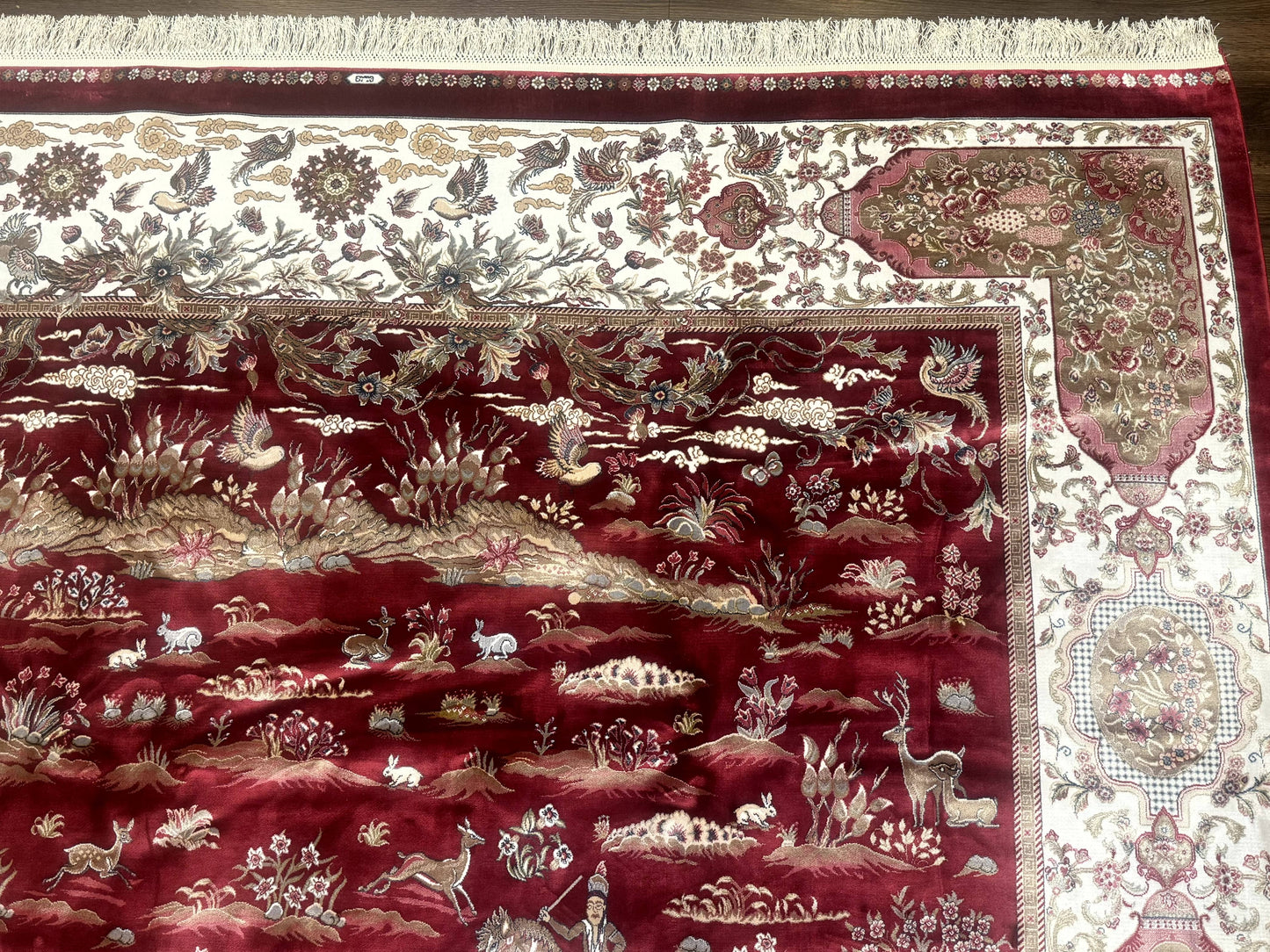Turkish Silk Rug 8x10, Red & Ivory, Hunting Design, Bamboo Silk, New - Nuvé