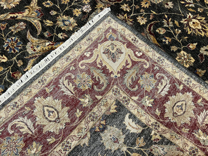 Pak Persian Mahal Rug 9x12, Allover Floral Pakistani Oriental Carpet 9 x 12, Wool Hand Knotted Area Rug, Dark Slate Gray-Black and Maroon