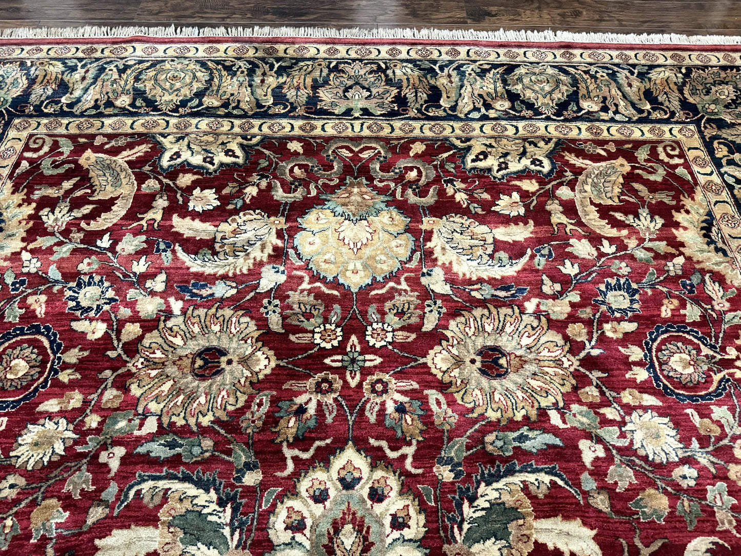 Indo Persian Rug 10x14, Indian Agra Carpet, Vintage Handmade Wool Large Traditional Rug, Dark Red Navy Blue Beige - Nuvé