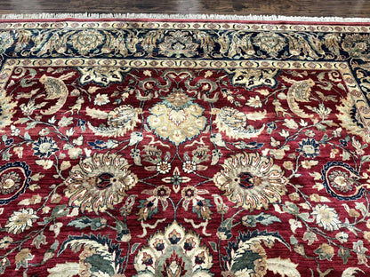 Indo Persian Rug 10x14, Indian Agra Carpet, Vintage Handmade Wool Large Traditional Rug, Dark Red Navy Blue Beige - Nuvé