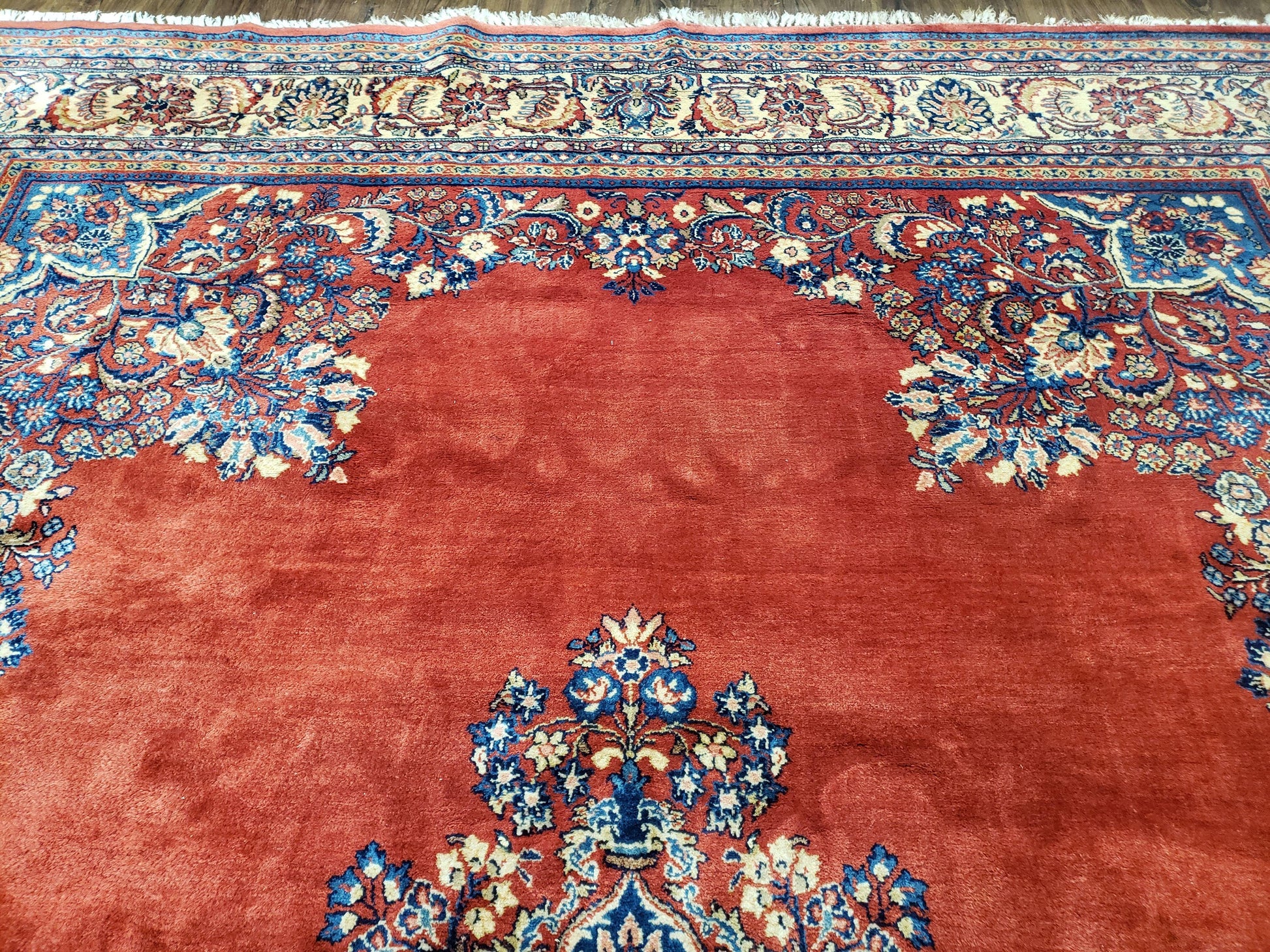 Semi Antique Persian Sarouk Rug 9x12,  Semi Open Field with Central Medallion, Hand Knotted Wool, Tomato Red, 9 x 12 Authentic Oriental Carpet - Nuvé