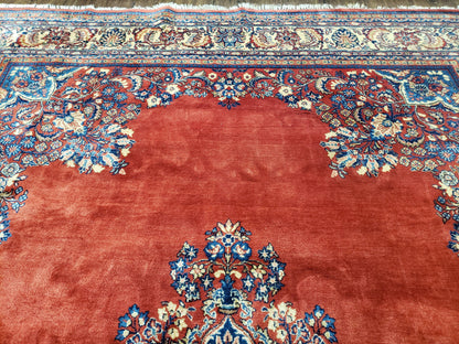Semi Antique Persian Sarouk Rug 9x12,  Semi Open Field with Central Medallion, Hand Knotted Wool, Tomato Red, 9 x 12 Authentic Oriental Carpet - Nuvé