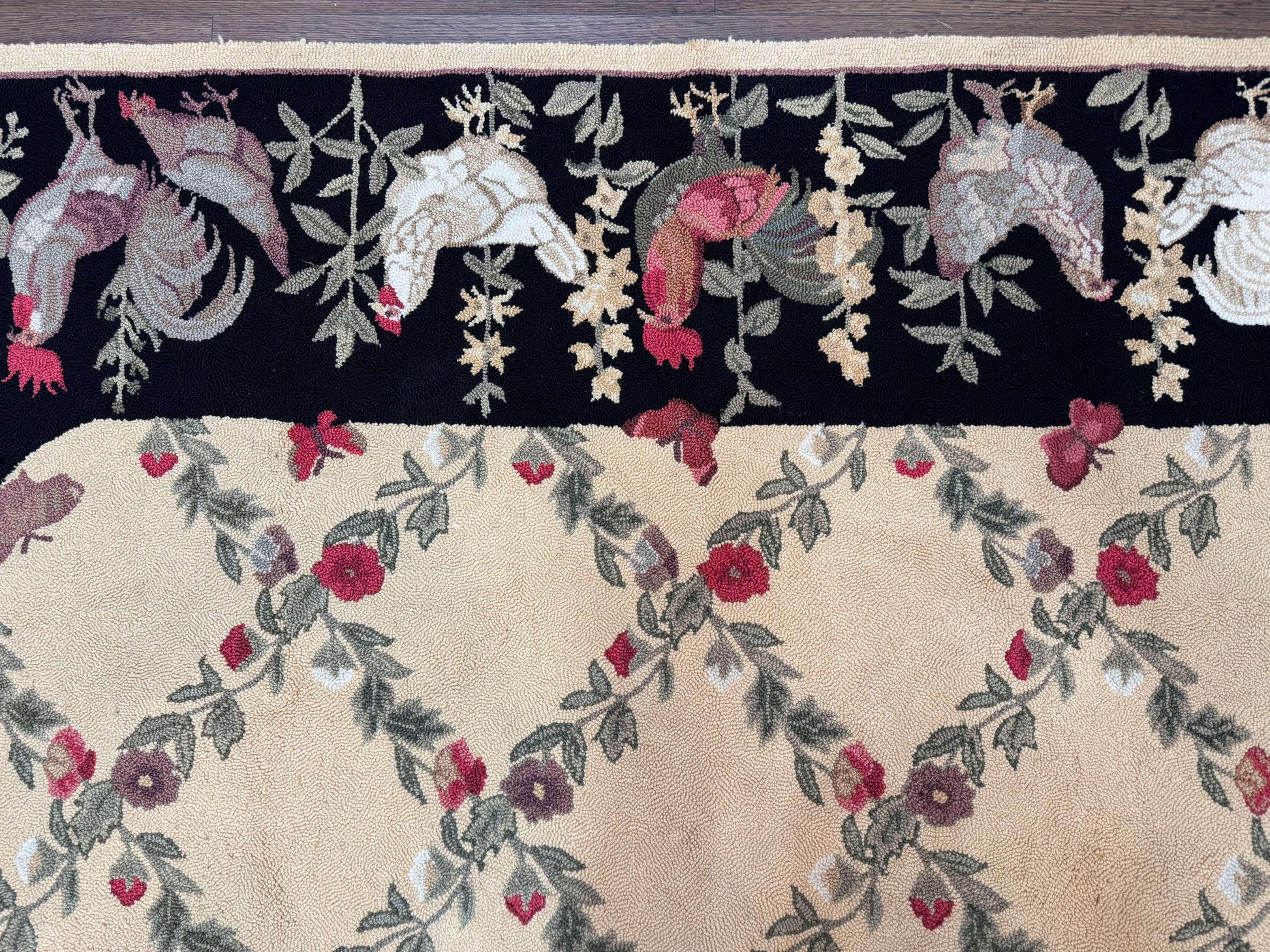 Vintage Hooked Rug 7x9, Rosters in Border, Roses and Butterflies - Nuvé