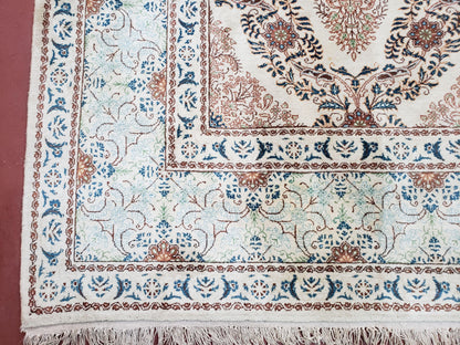 Fine Antique Persian Light Colored Kashan Carpet, 7x12, Top Quality, Rare, Ivory & Blues, Hand-Knotted, Wool - Nuvé
