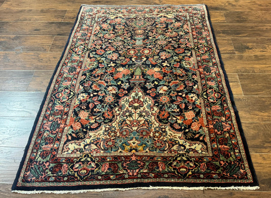 Antique Persian Rug 4x5, Navy Blue 1920s Carpet, Wool, Rare, Fine, Persian Hamadan Bidjar Carpet - Nuvé