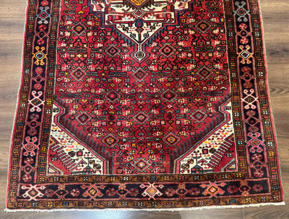 Persian Hamadan Rug 4x7, Tribal Village Malayer Carpet, Red and Ivory, Bohemian Antique - Nuvé