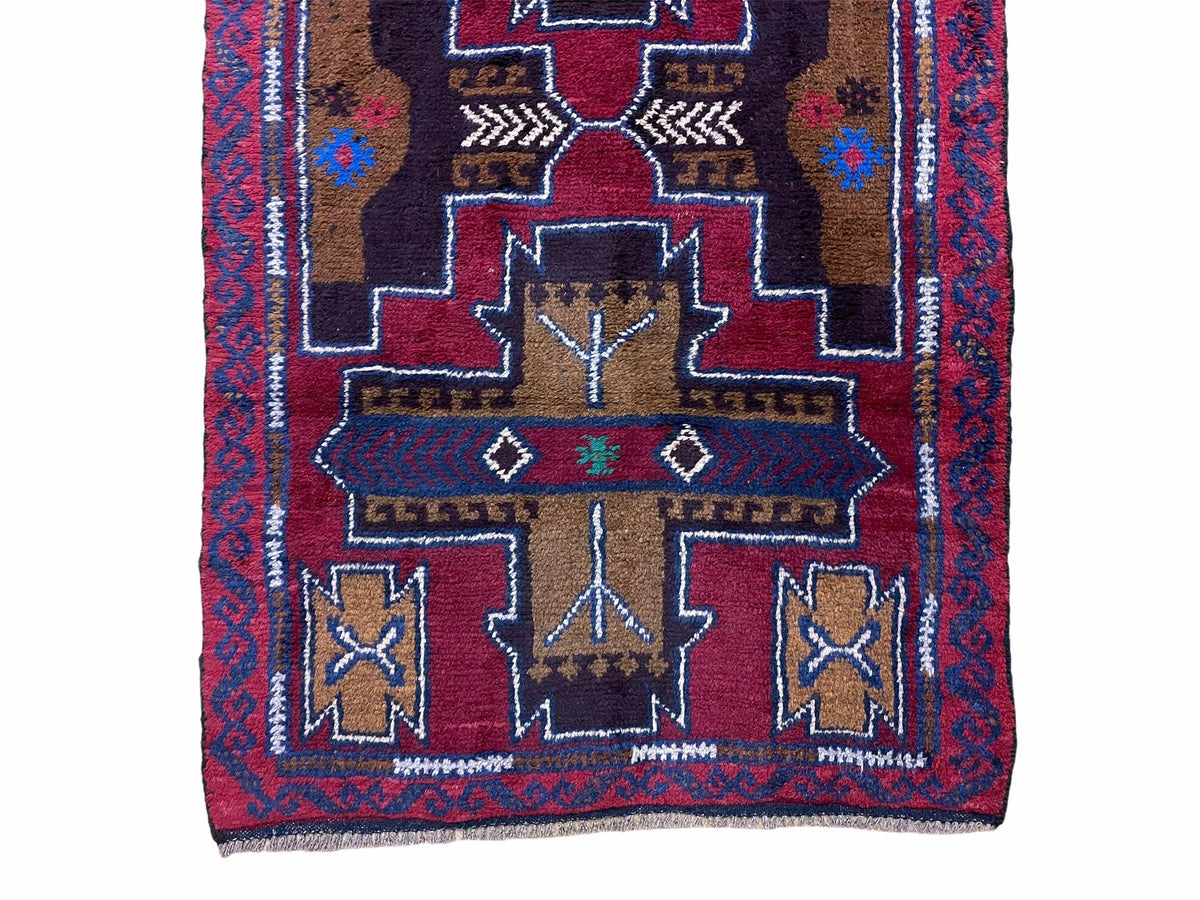 2' 10" X 4' 9" Vintage Handmade Tribal Wool Rug Balouchi Rug Afghan Rug Red Blue