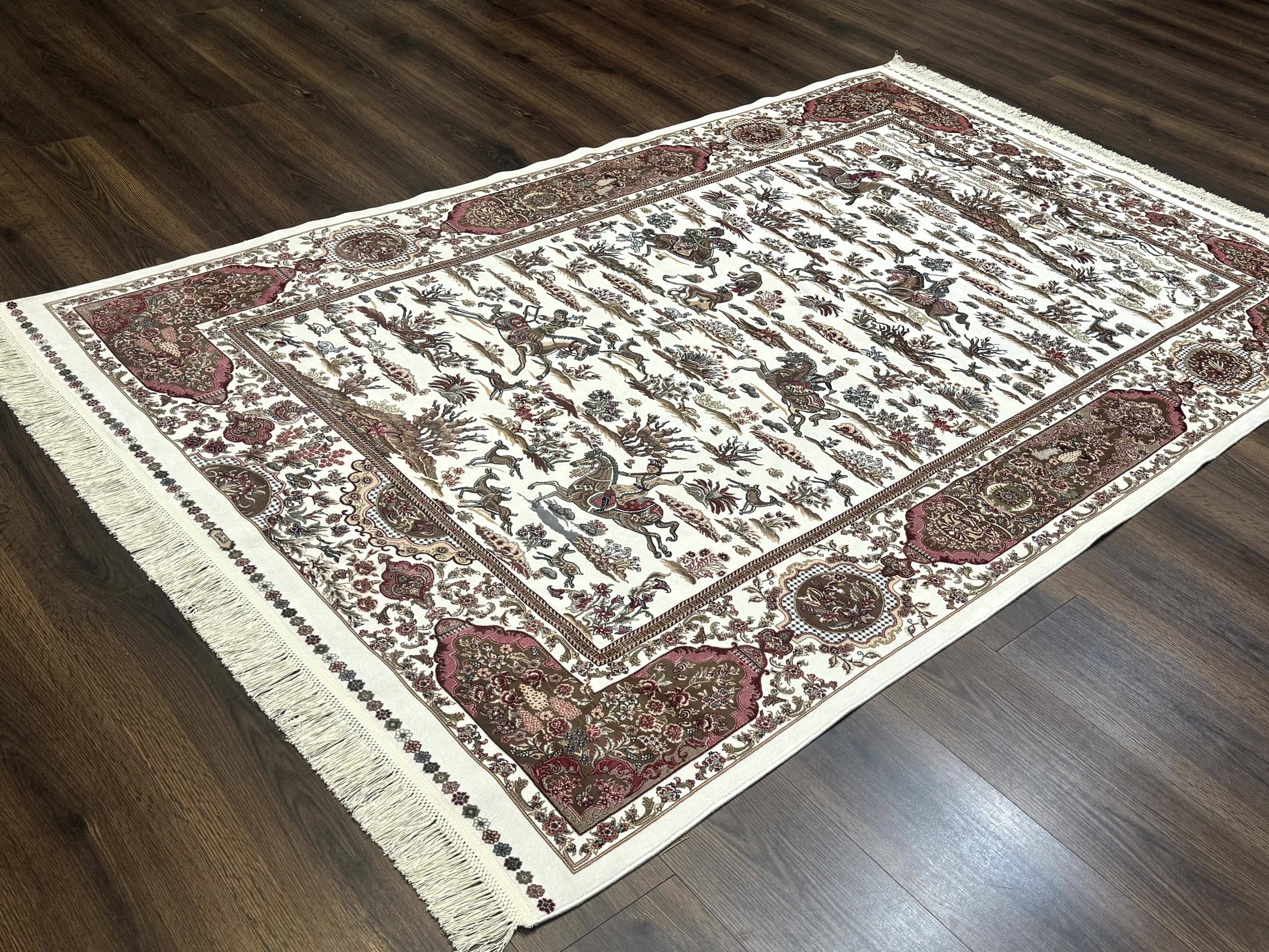 Turkish Silk Rug 5x8, Ivory, Hunting Design, Animal Pictorials, Bamboo Silk - Nuvé