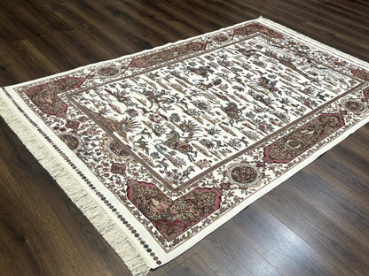 Turkish Silk Rug 5x8, Ivory, Hunting Design, Animal Pictorials, Bamboo Silk - Nuvé