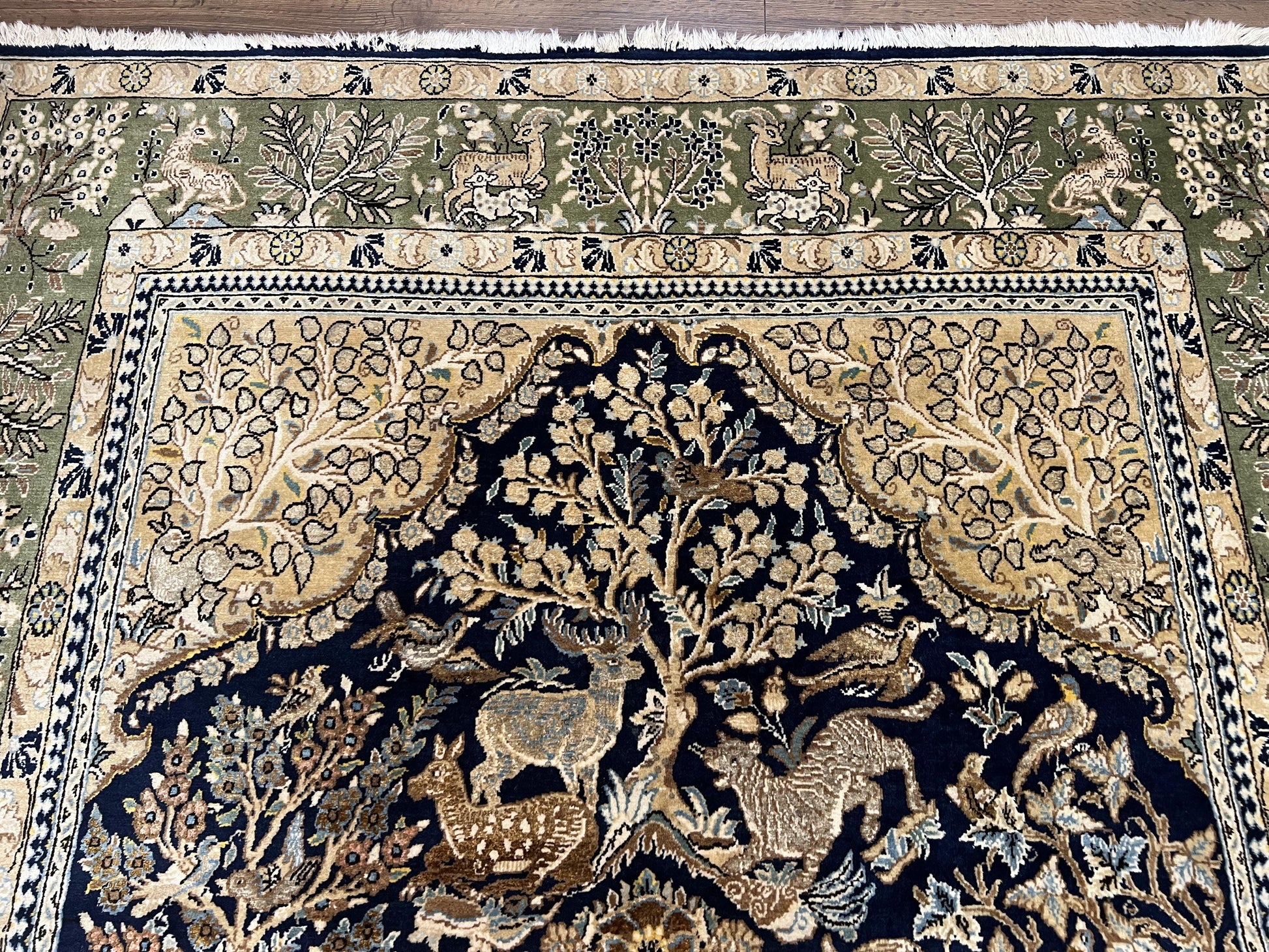Wonderful Persian Qum Rug 6x9, Animal Pictorials, Tree of Life, Deer Birds, Hand Knotted Oriental Ghom Carpet, Semi Antique Vintage, Navy Blue Green - Nuvé