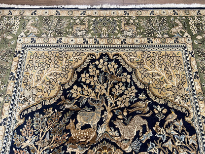 Wonderful Persian Qum Rug 6x9, Animal Pictorials, Tree of Life, Deer Birds, Hand Knotted Oriental Ghom Carpet, Semi Antique Vintage, Navy Blue Green - Nuvé