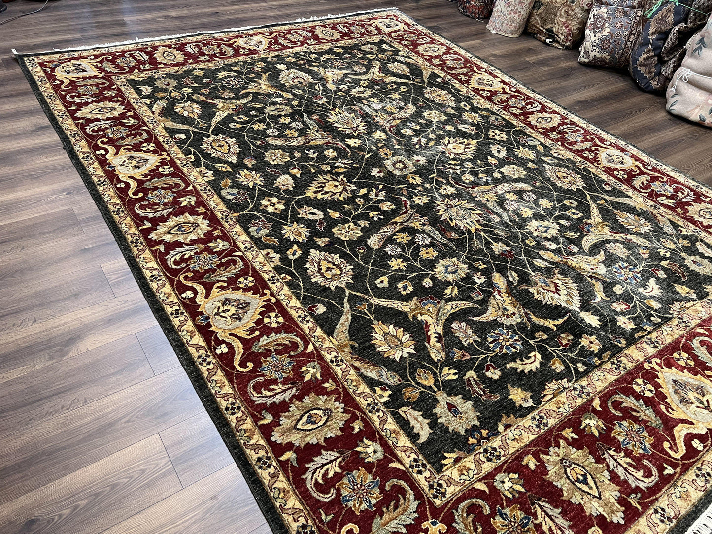 Pak Persian Mahal Rug 9x12, Allover Floral Pakistani Oriental Carpet 9 x 12, Wool Hand Knotted Area Rug, Dark Slate Gray-Black and Maroon - Nuvé