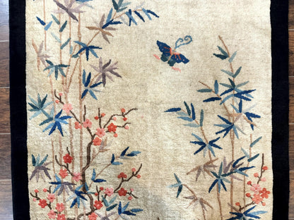 Antique Chinese Oval Rug 3.9 x 6.7, Floral, Butterflies, Chinese Wool Art Deco Peking Carpet, Beige, Handmade - Nuvé