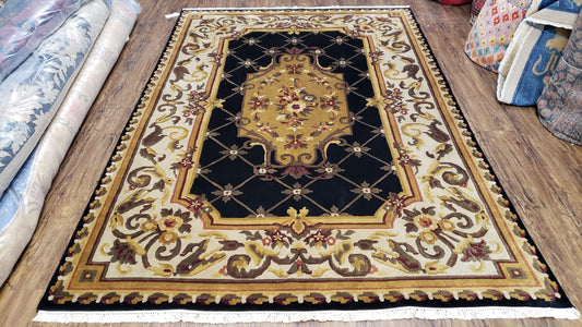 Nepal Rug 6x9, Nepalese Aubusson Area Rug 6 x 9, Hand-Knotted Wool Soft Pile Black & Beige Tibetan Aubusson New Carpet European Savonnerie - Nuvé