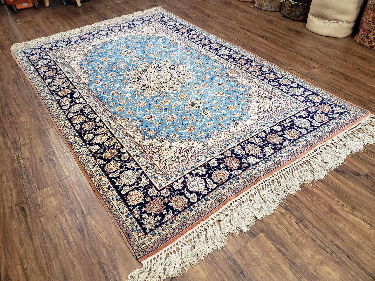 Persian Isfahan Rug, Kork Wool on Silk Foundation, Sky Blue, Hand-Knotted, 5' 1" x 7' 8" - Nuvé