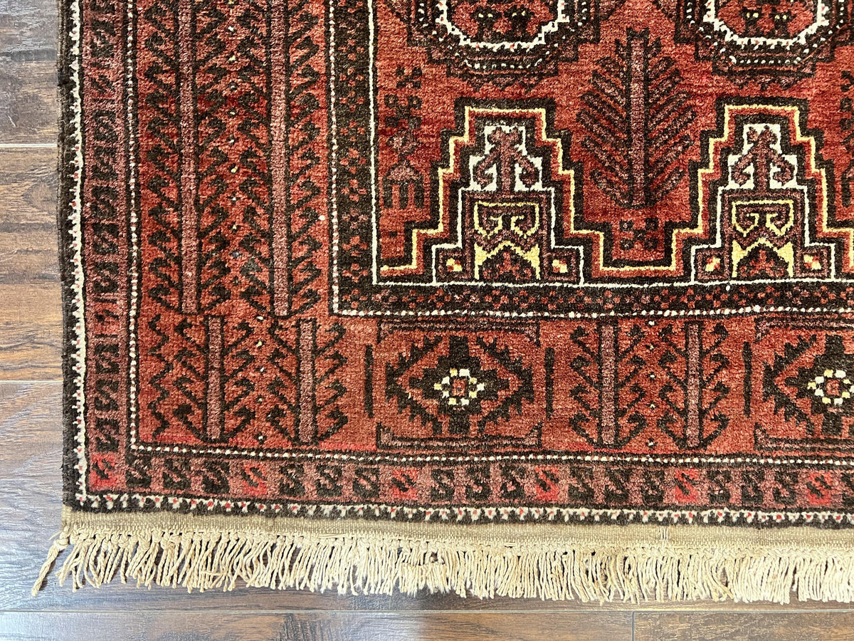 Antique Persian Turkoman Rug 3x6, Wool Tribal Handmade Carpet, Red and Black