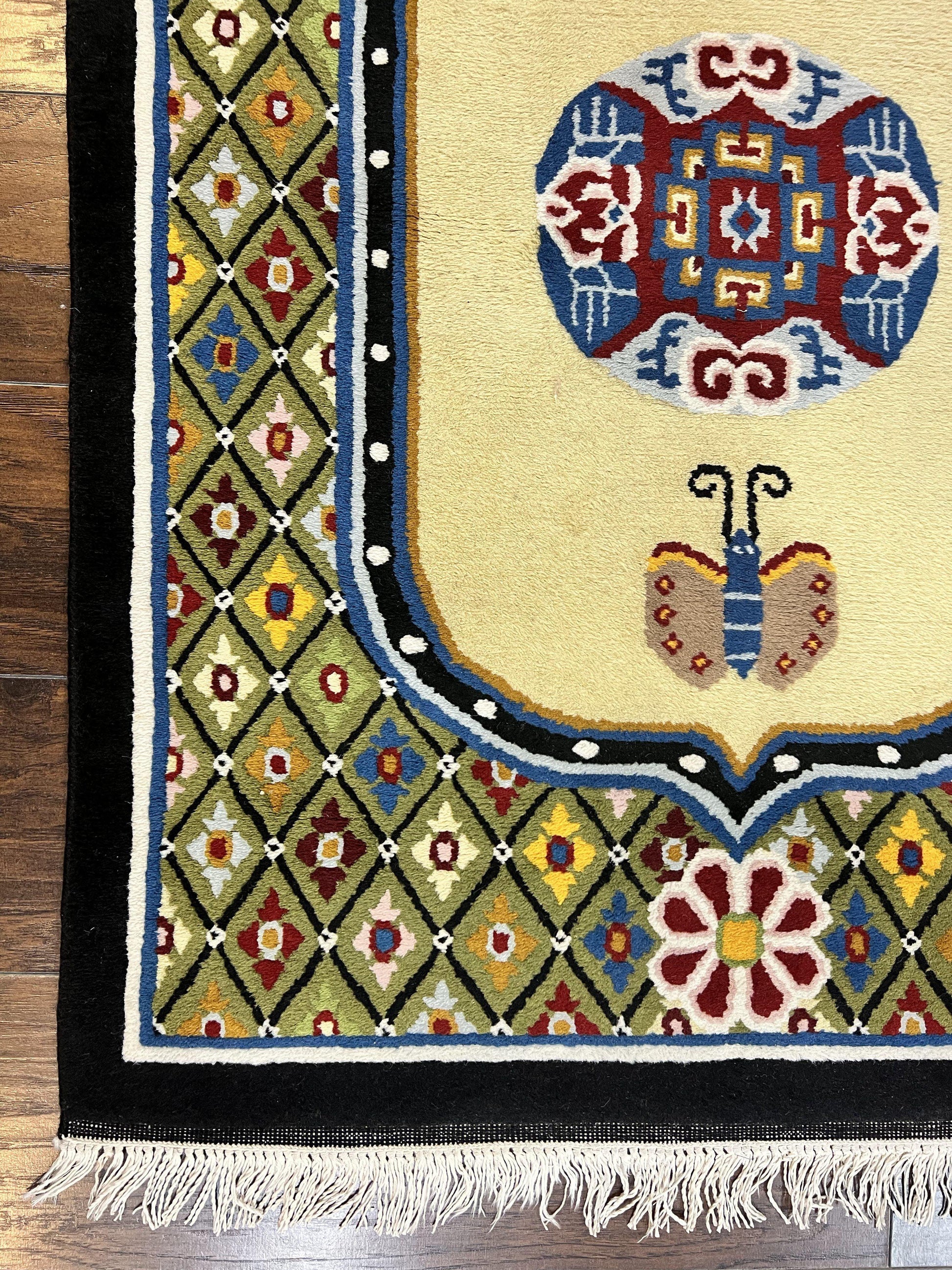 Chinese Rug 3x6 ft, Chinese Wool Rug, Tiensin Rug, Handmade Wool 3 x 6 Vintage Peking Rug, Art Deco Rug, Butterflies - Nuvé