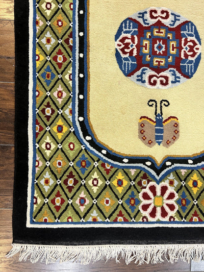 Chinese Rug 3x6 ft, Chinese Wool Rug, Tiensin Rug, Handmade Wool 3 x 6 Vintage Peking Rug, Art Deco Rug, Butterflies - Nuvé