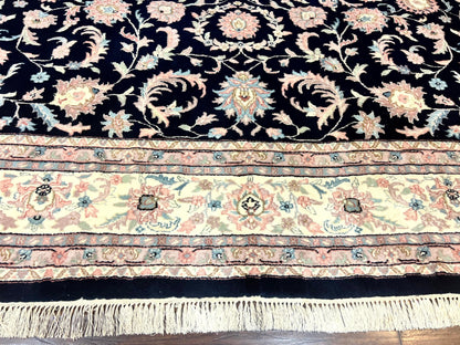Indo Persian Rug 9x12, Navy Blue and Ivory/Cream, Floral Allover, Wool Vintage Handmade Carpet - Nuvé