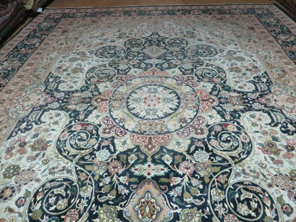 Beautiful Sino Persian Rug 9x12, Elegant High Quality Handmade Wool Oriental Carpet, Medallion with Corner Design, Floral, Black and Ivory - Nuvé