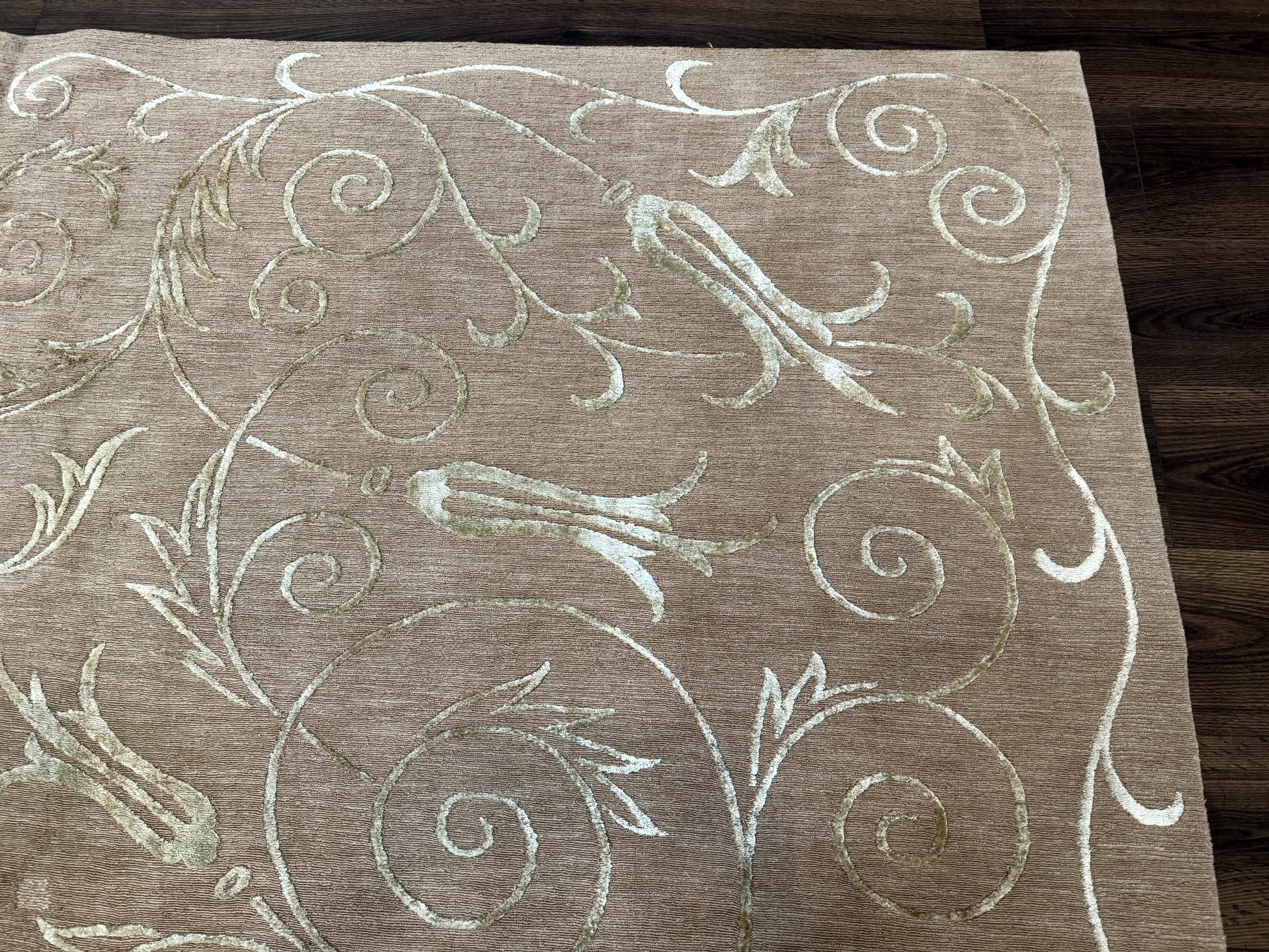 Tibetan Rug 9x12 Wool and Silk Beige Modern Handmade Carpet - Nuvé