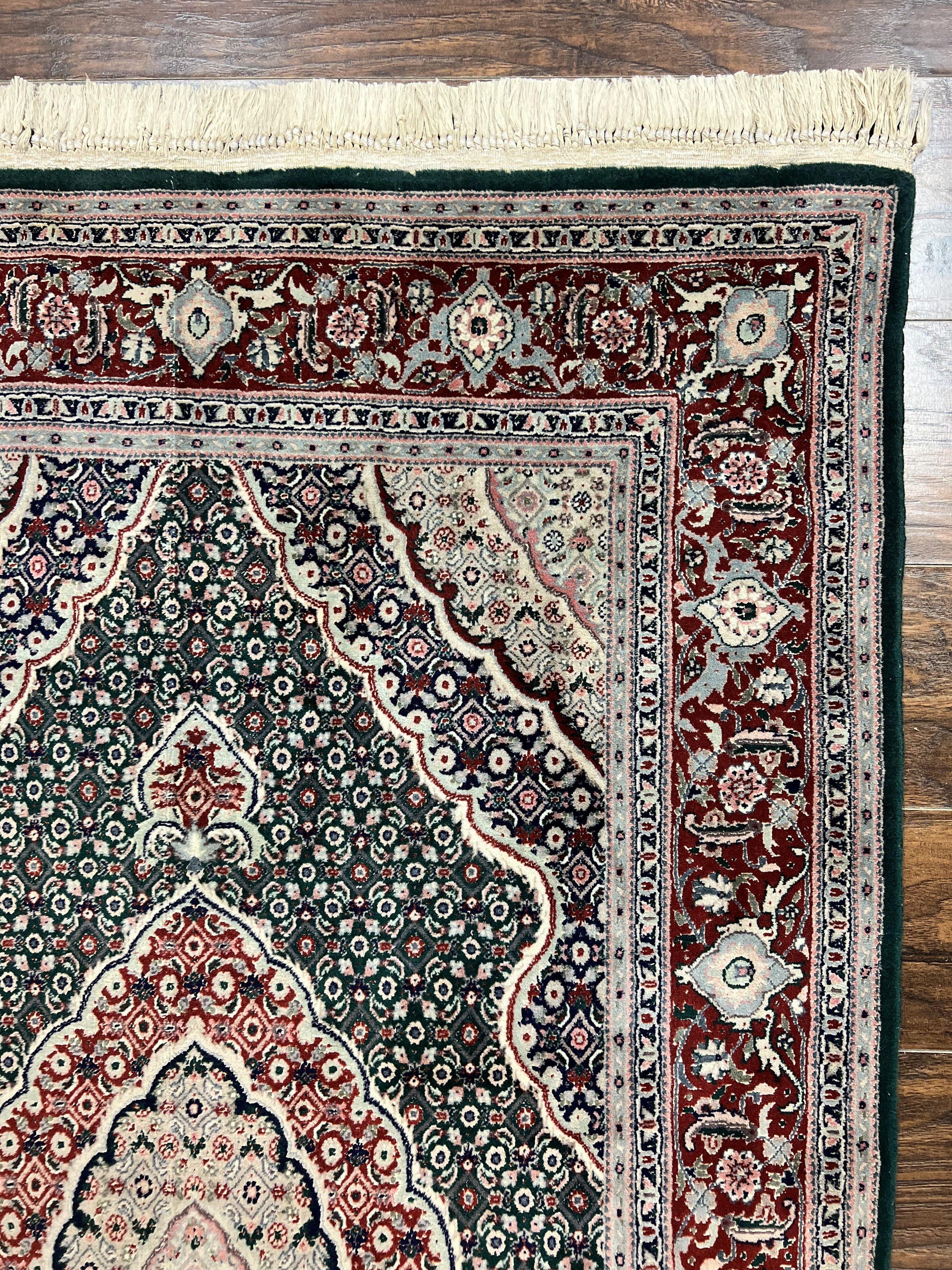 Sino Persian Rug 4x6, Wool with Silk Highlights, Fine Hand Knotted Carpet, Green & Maroon Red, Herati Medallion, Vintage Rug - Nuvé