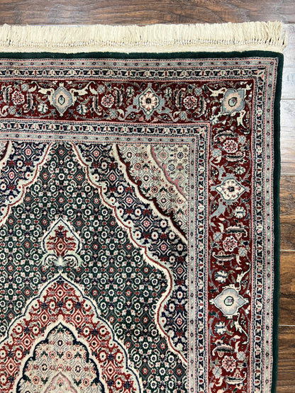 Sino Persian Rug 4x6, Wool with Silk Highlights, Fine Hand Knotted Carpet, Green & Maroon Red, Herati Medallion, Vintage Rug - Nuvé