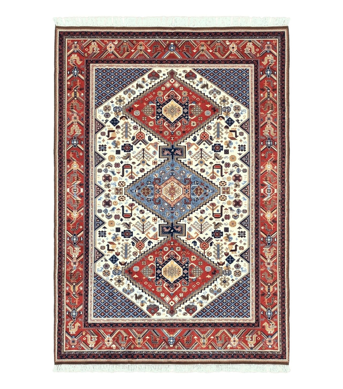 Belgium Power Loomed Rug 8x12, Geometric Medallions Persian Tribal Pattern, Vintage Wool Carpet, Ivory Red Blue