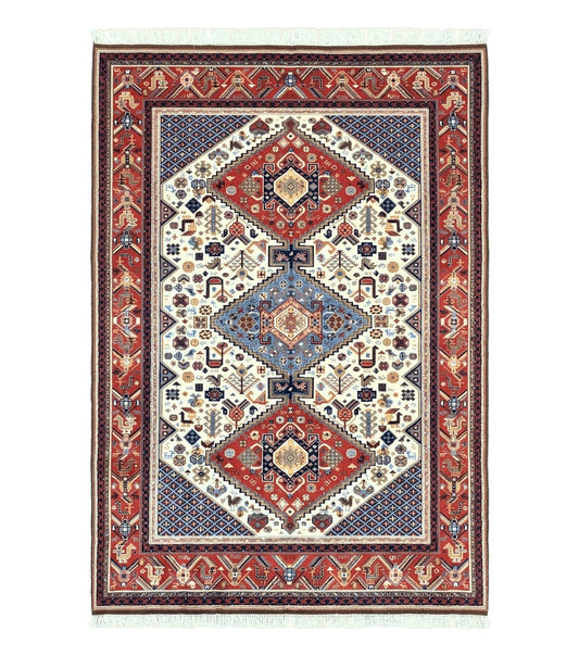 Belgium Power Loomed Rug 8x12, Geometric Medallions Persian Tribal Pattern, Vintage Wool Carpet, Ivory Red Blue