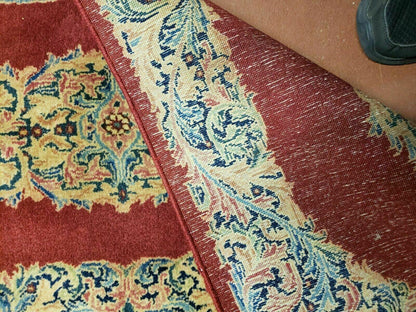 Small Persian Kirman Rug 2x4, Wool Oriental Vintage Handmade Carpet, Hand Knotted Floral Medallion, Red & Beige, Semi Open Field - Nuvé