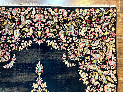 Antique Persian Kirman Rug 5x8, Floral Kirman, Midnight Blue/Black, Semi Open Field, Handmade Vintage Wool Carpet - Nuvé