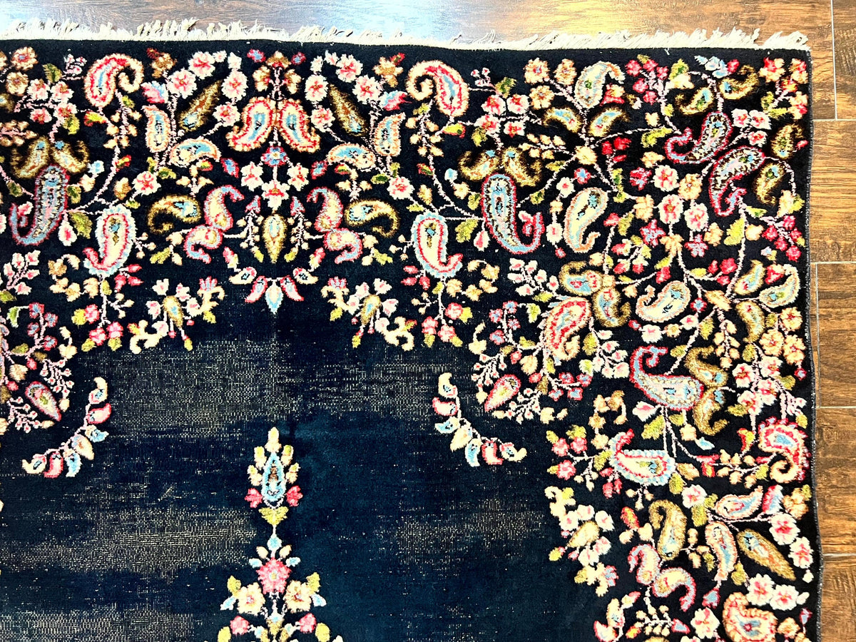 Antique Persian Kirman Rug 5x8, Floral Kirman, Midnight Blue/Black, Semi Open Field, Handmade Vintage Wool Carpet