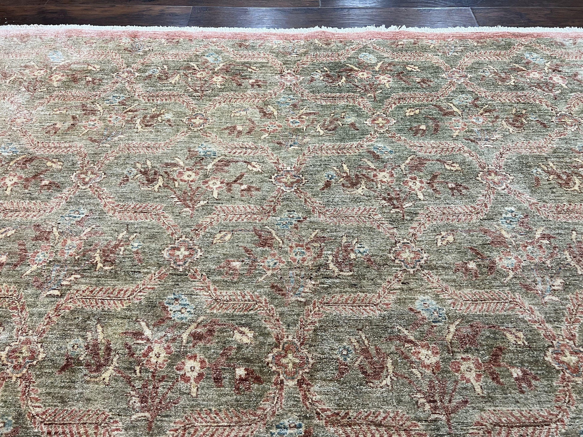 Large Modern Pakistani Rug 9x12, Handmade Wool Carpet, Peshawar Rug, Hand Knotted Oriental Rug, Contemporary, Floral, Light Green - Nuvé