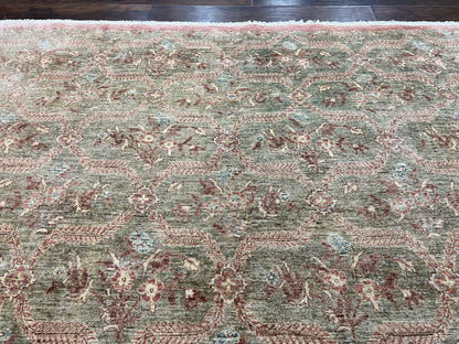 Large Modern Pakistani Rug 9x12, Handmade Wool Carpet, Peshawar Rug, Hand Knotted Oriental Rug, Contemporary, Floral, Light Green - Nuvé
