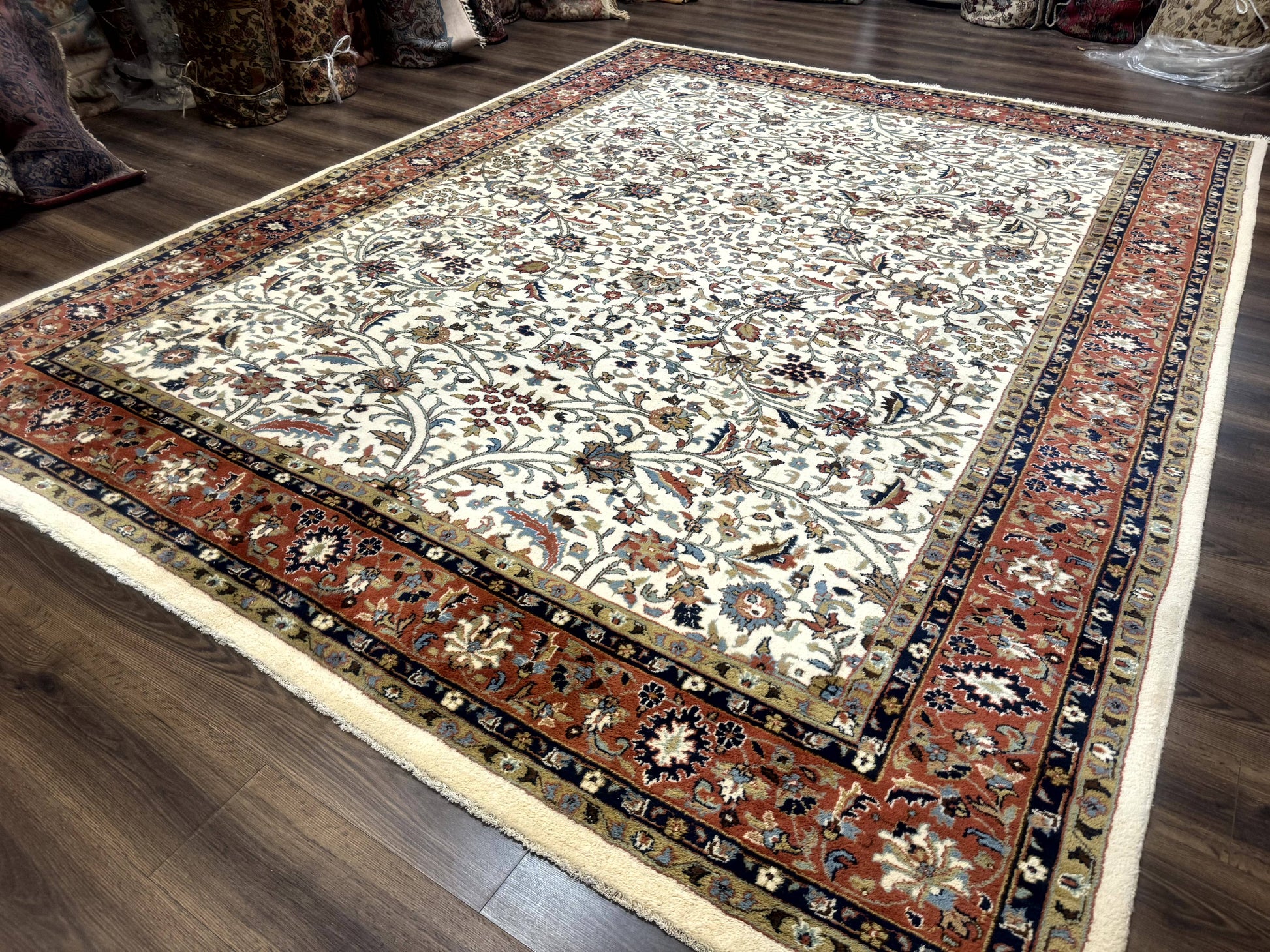Indo Persian Rug 9x12, Ivory and Red, Traditional Wool Oriental Carpet - Nuvé