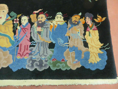 Chinese Wool Pictorial Rug 3x6 Counsel of Wise Elders Philosophers, Vintage Hand Knotted Black Chinese Carpet, Swan, Clouds Confucius, Rare - Nuvé