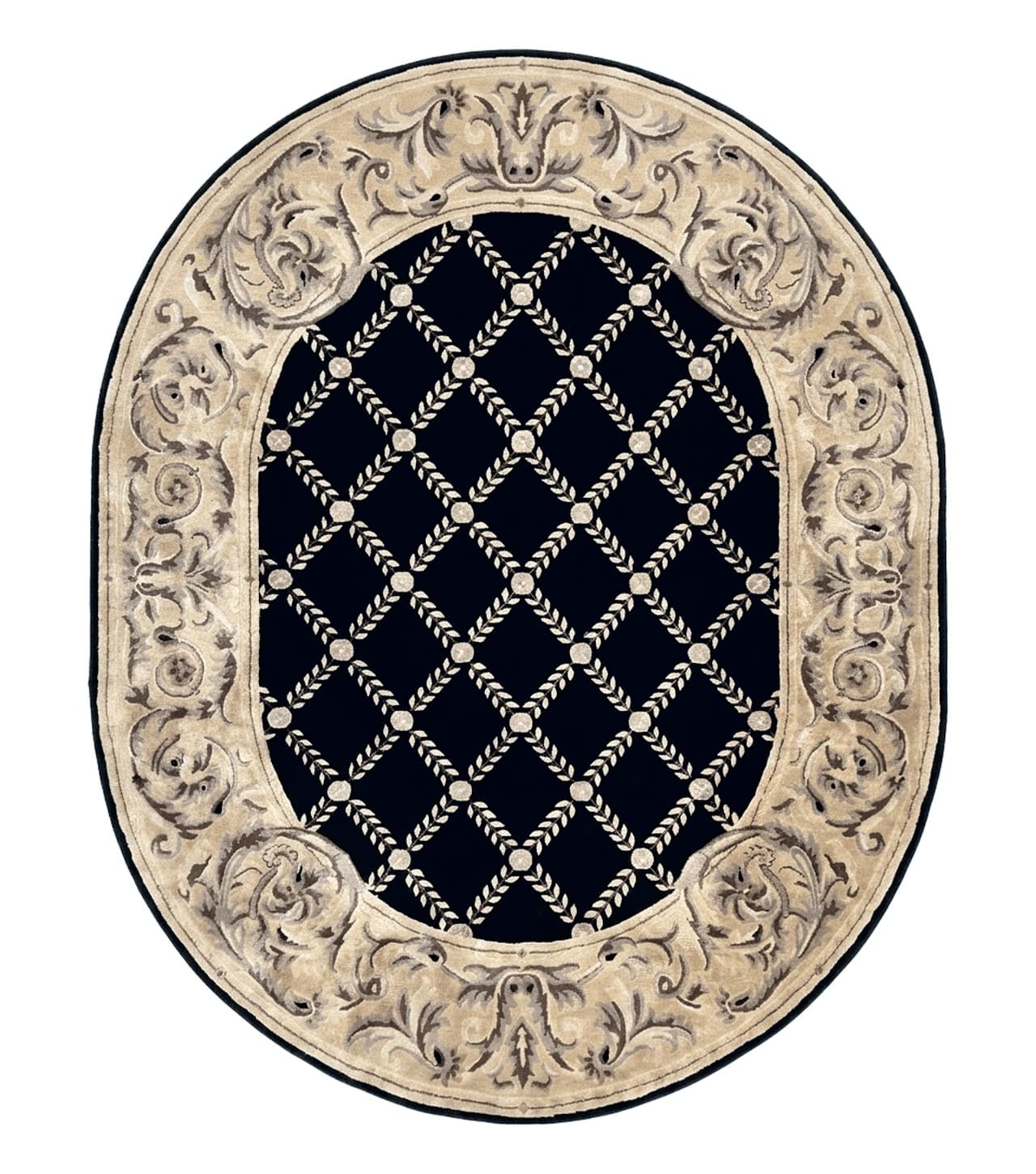 Oval Tibetan Rug 8x10, French Aubusson Design, Wool Handmade Vintage Carpet, Black & Beige, Soft Wool Pile