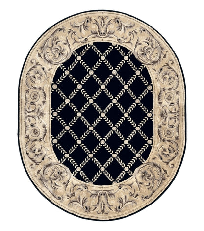 Oval Tibetan Rug 8x10, French Aubusson Design, Wool Handmade Vintage Carpet, Black & Beige, Soft Wool Pile