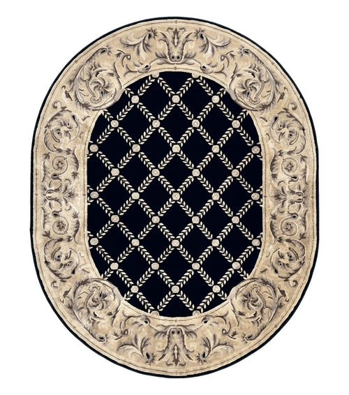 Oval Tibetan Rug 8x10, French Aubusson Design, Wool Handmade Vintage Carpet, Black & Beige, Soft Wool Pile