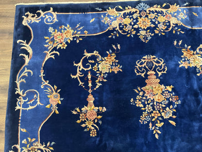 Blue Chinese Art Deco Rug 9x12, Vintage Antique Chinese Wool Rug, Chinese Fette Rug - Nuvé