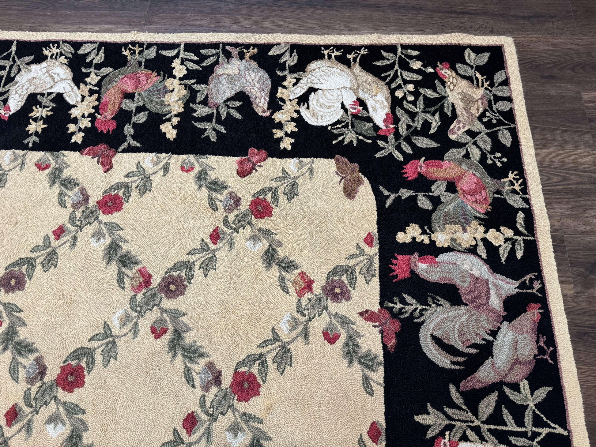 Vintage Hooked Rug 7x9, Rosters in Border, Roses and Butterflies - Nuvé
