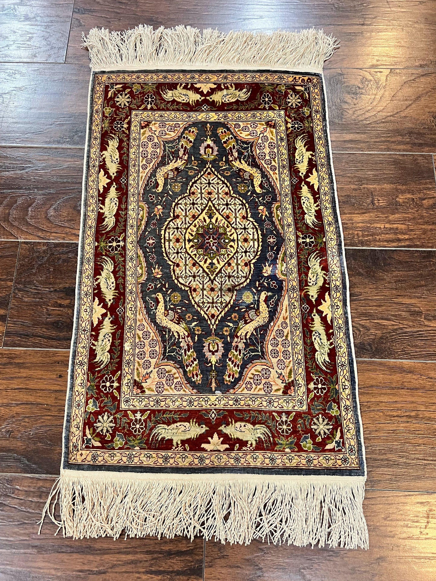 Silk Turkish Hereke Rug 2x3, Peacocks Birds, Signature from Master Weaver, Super Finely Hand Knotted 550 KPSI, Animal Pictorials - Nuvé