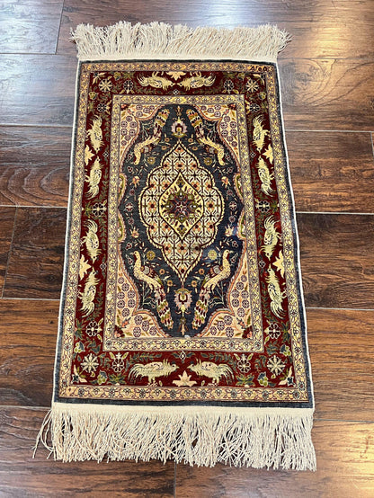 Silk Turkish Hereke Rug 2x3, Peacocks Birds, Signature from Master Weaver, Super Finely Hand Knotted 550 KPSI, Animal Pictorials - Nuvé