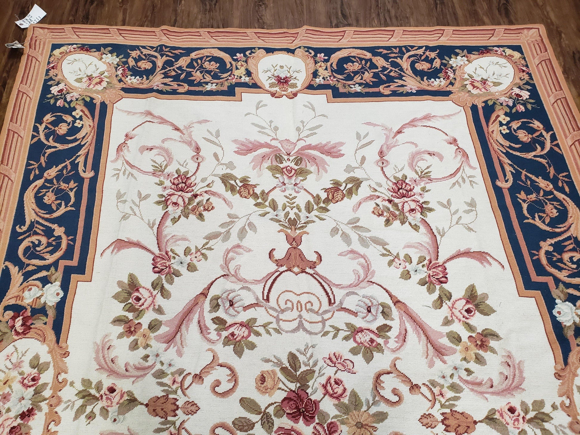 Chinese Aubusson Savonnerie Area Rug 6x8, Vintage Hand-Woven Needlepoint Rug, Flat Weave Handmade Wool Carpet Living Room Ivory & Navy Blue - Nuvé